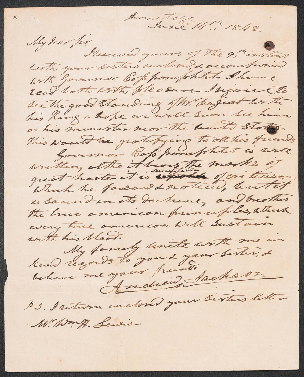 Letter to WIlliam B. Lewis from Nashville, Tennessee | Isabella Stewart  Gardner Museum